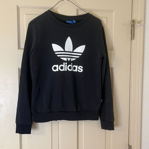 Adidas Womens Sweatshirt Size XS Crewneck Black White Adicolor Trefoil Oversized - Picture 1 of 10